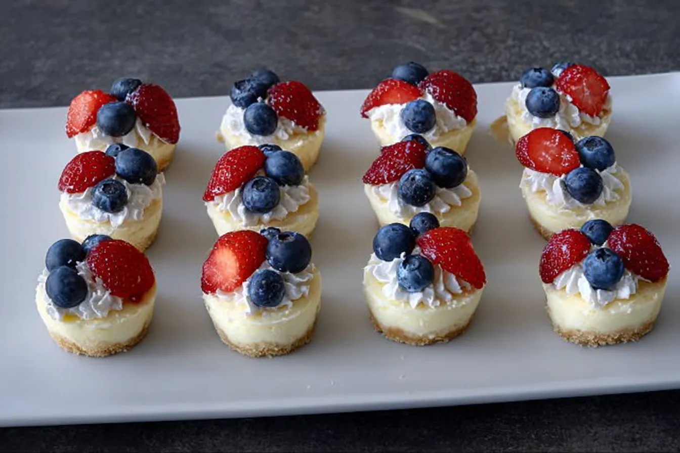 Red White and Blue Cheesecake Bites on a Festive Platter