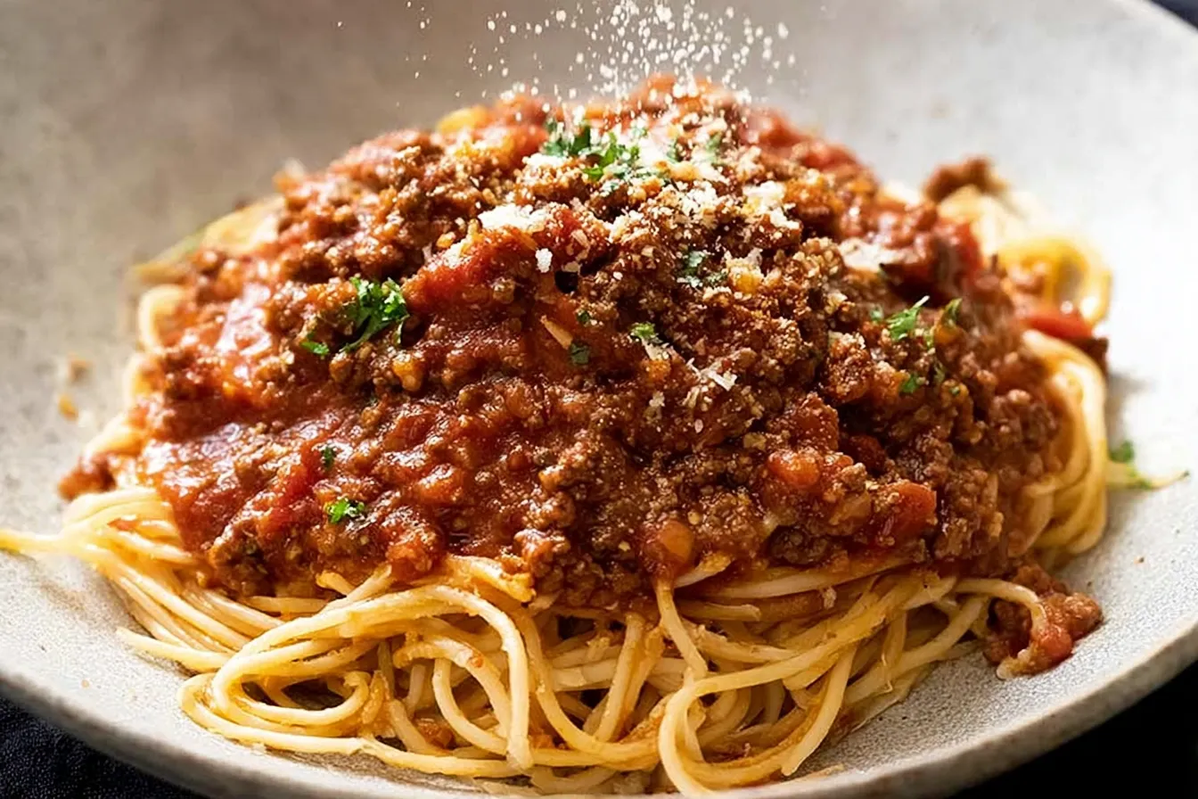 Spaghetti Bolognese with Fresh Basil Garnish