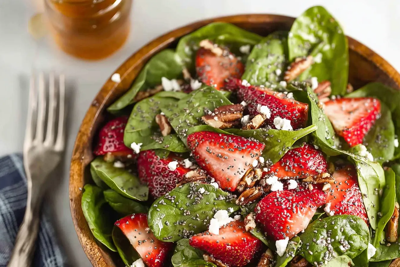 Spinach Strawberry Salad with Poppy Seed Dressing in Bowl