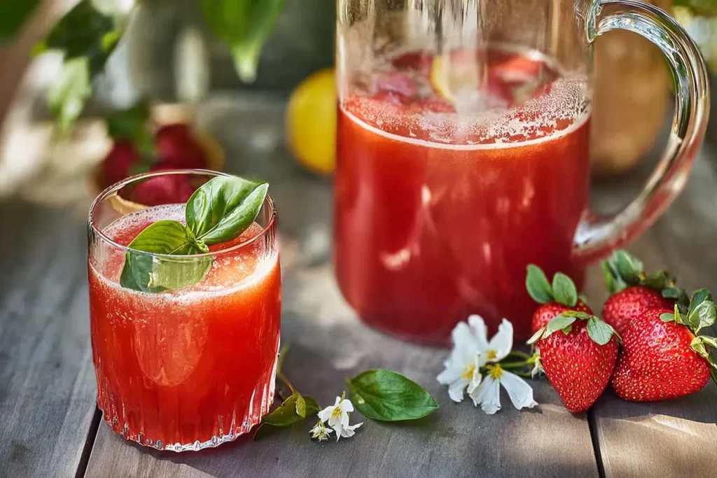 Strawberry Basil Lemonade in a Glass with Fresh Basil