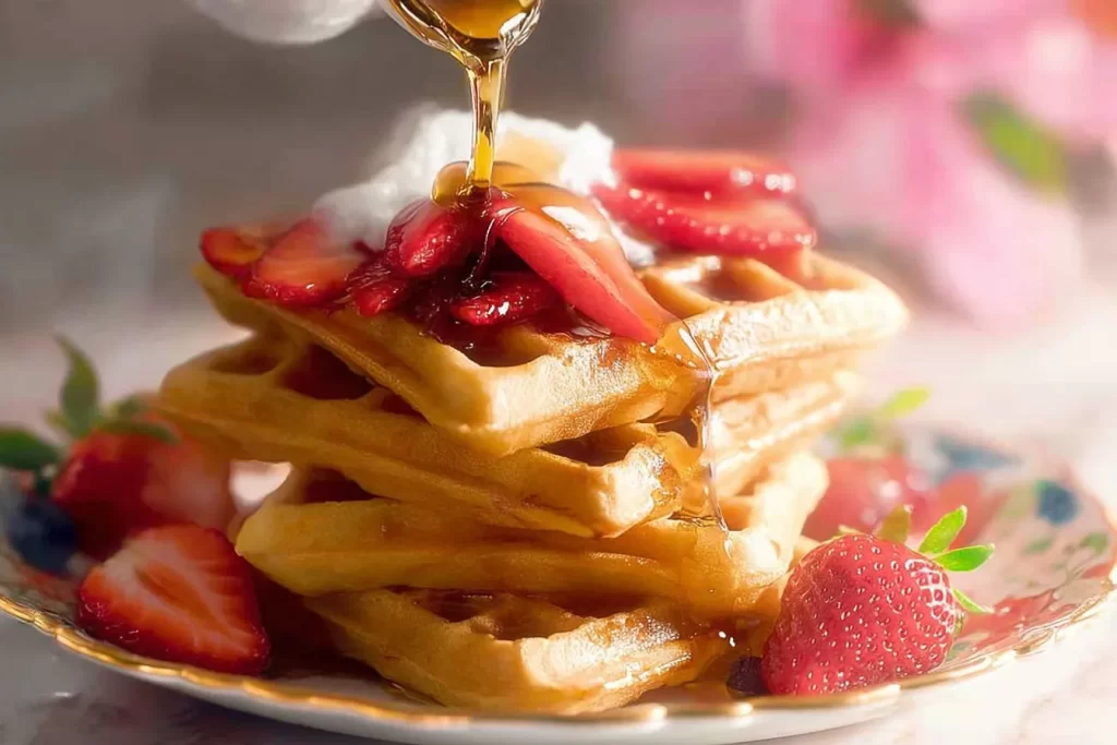 Fluffy Waffles Topped with Fresh Fruit and Maple Syrup