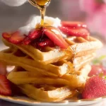 Fluffy Waffles Topped with Fresh Fruit and Maple Syrup