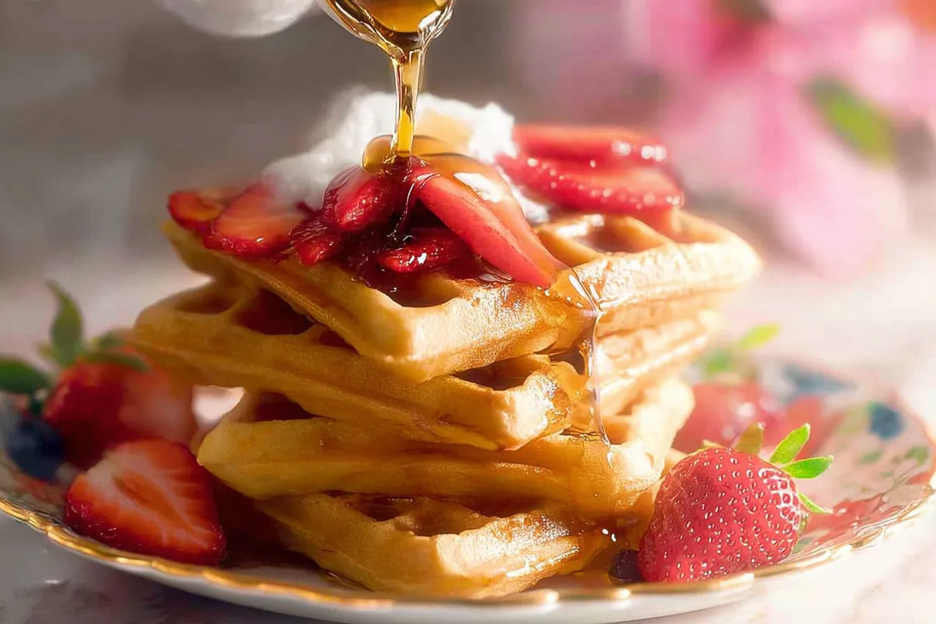 Fluffy Waffles Topped with Fresh Fruit and Maple Syrup
