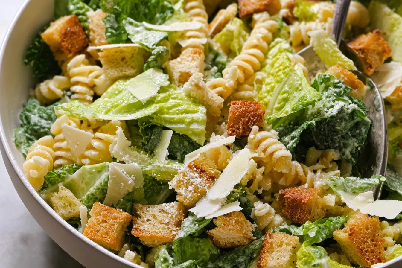 Caesar Pasta Salad with Romaine and Croutons