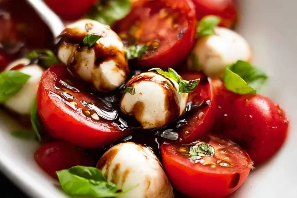 Vibrant Caprese Salad with Balsamic Glaze on a Rustic Table