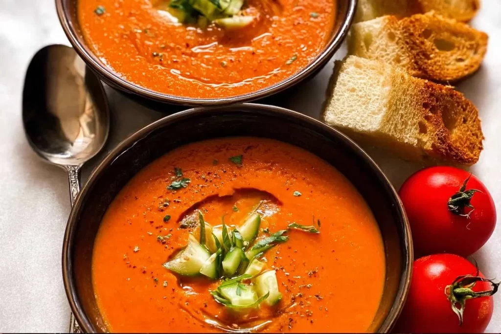 Chilled Gazpacho Soup in a Bowl with Fresh Herbs