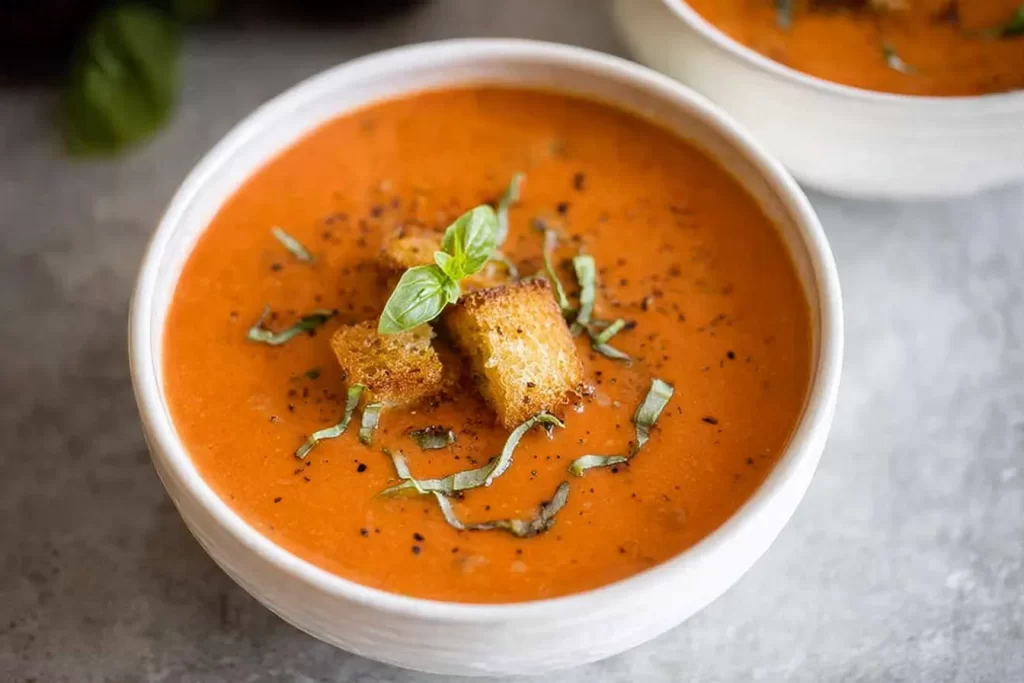 Creamy Tomato Basil Soup in a Rustic Bowl