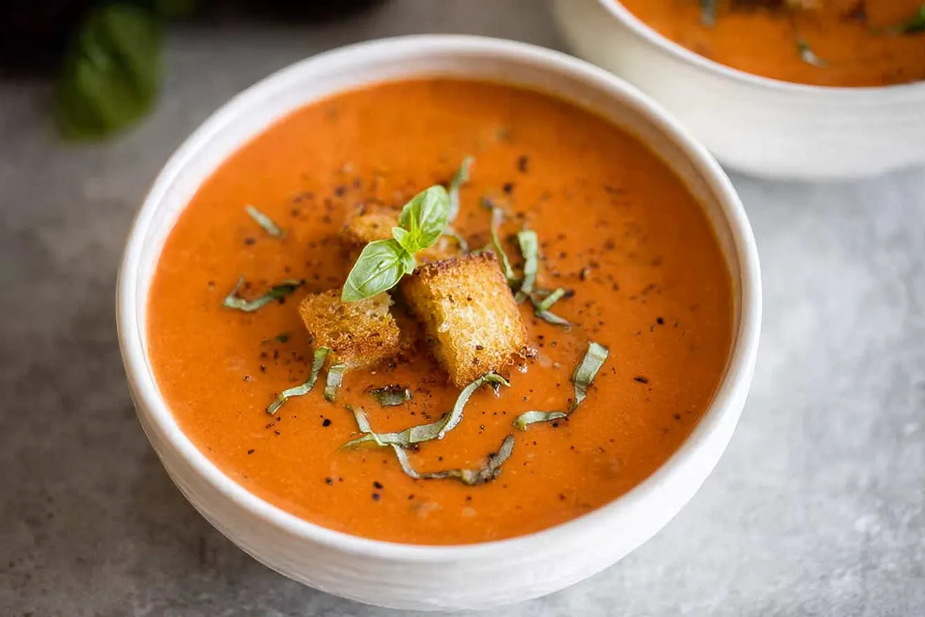 Creamy Tomato Basil Soup in a Rustic Bowl