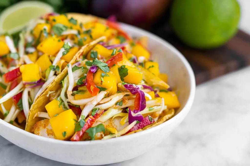 Crispy Fish Tacos with Mango Slaw on a Plate