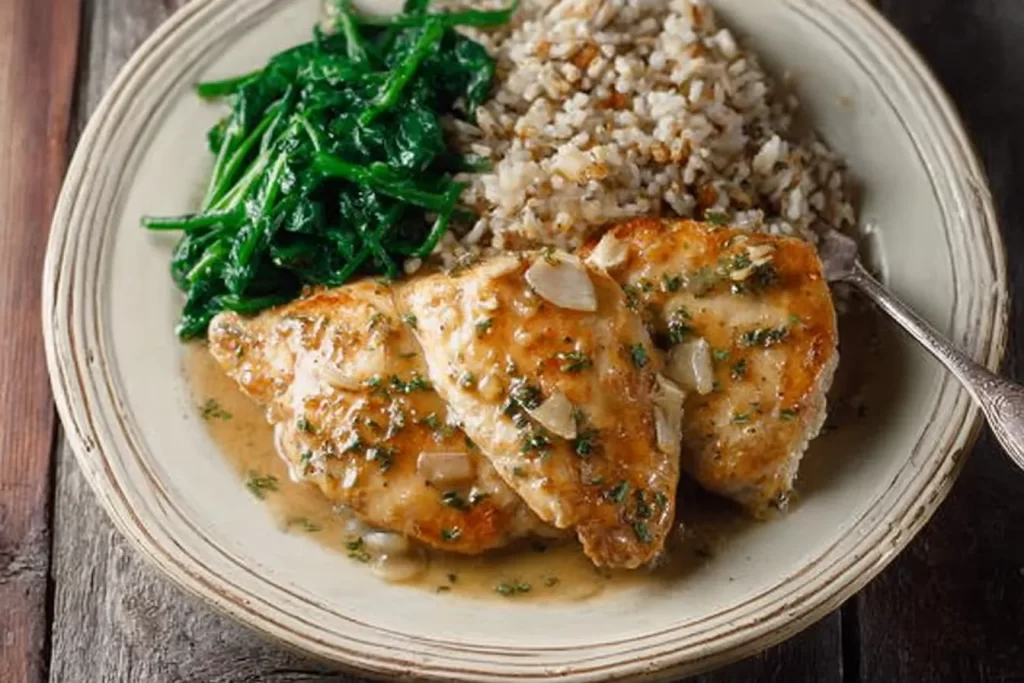 Garlic Butter Roast Chicken with White Wine Pan Sauce Served