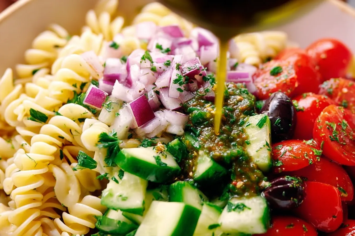 Colorful Greek Pasta Salad in a Serving Bowl