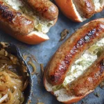 Grilled Bratwurst with Beer-Caramelized Onions on a Plate