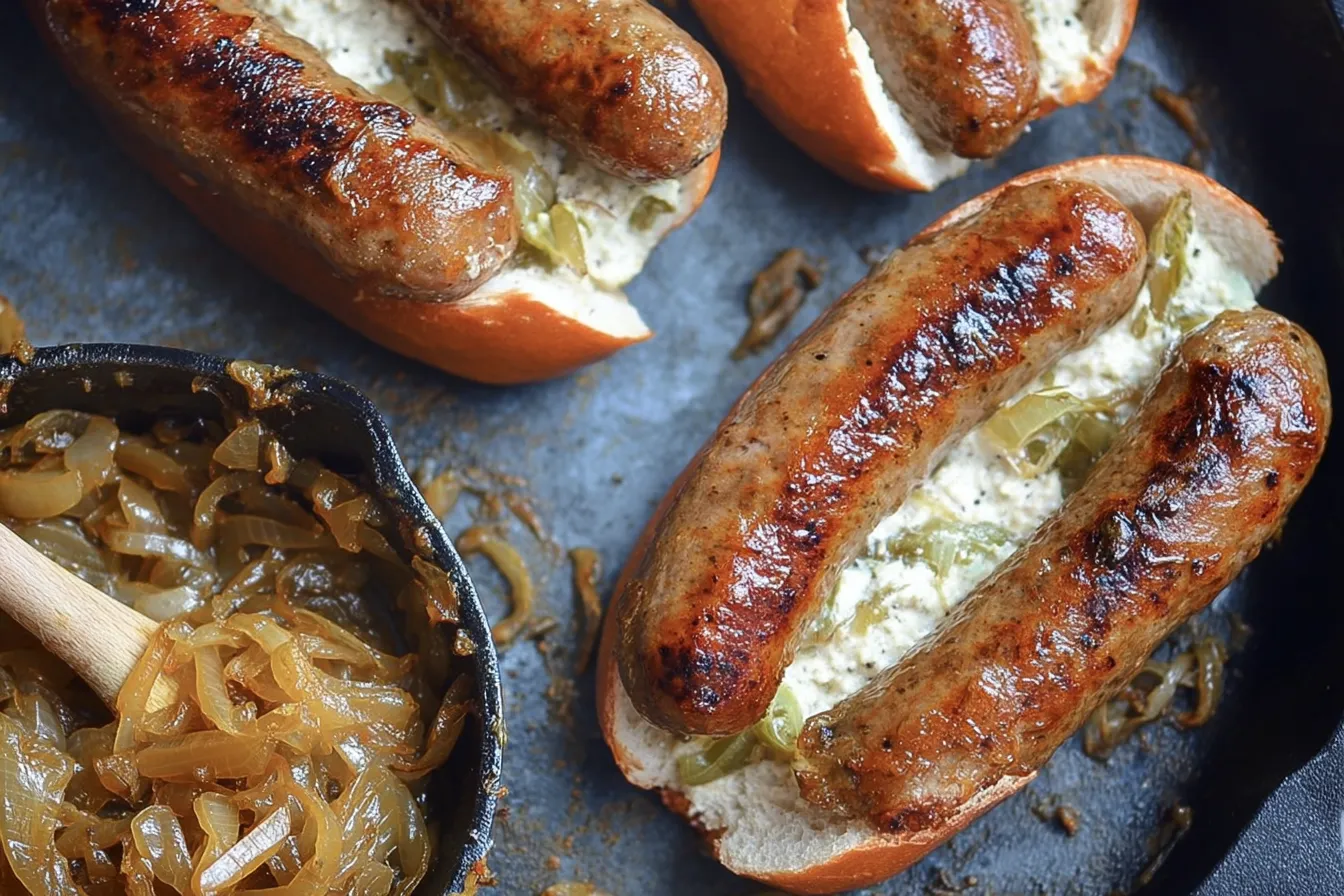 Grilled Bratwurst with Beer-Caramelized Onions on a Plate