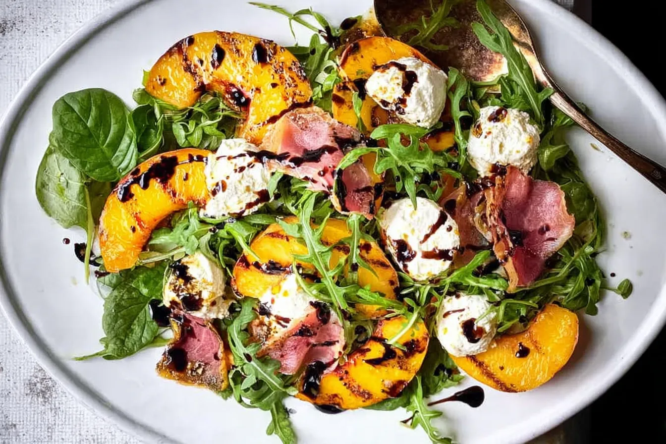 Grilled Peach and Burrata Salad with Arugula and Balsamic Glaze