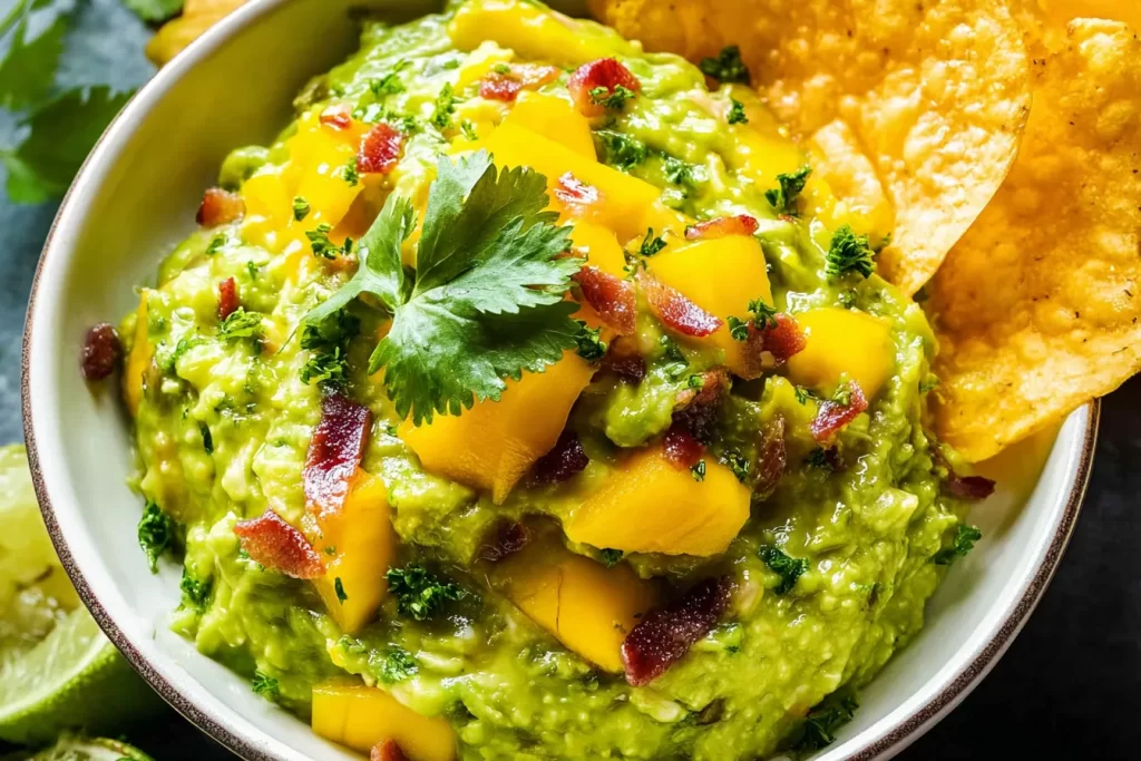 Mango-Bacon Game Day Guacamole in a Bowl