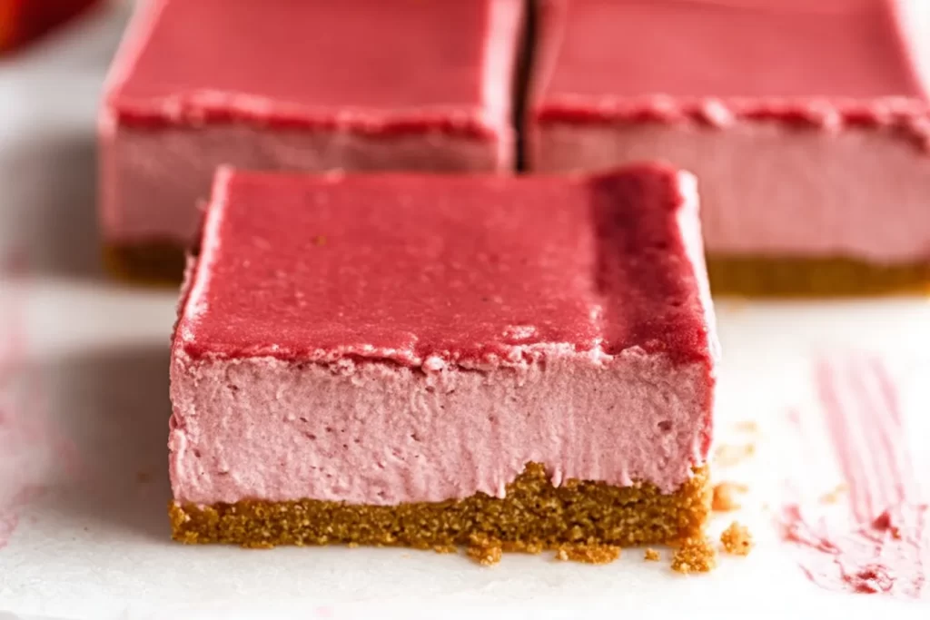 No-Bake Strawberry Cheesecake Bars Served on a Plate