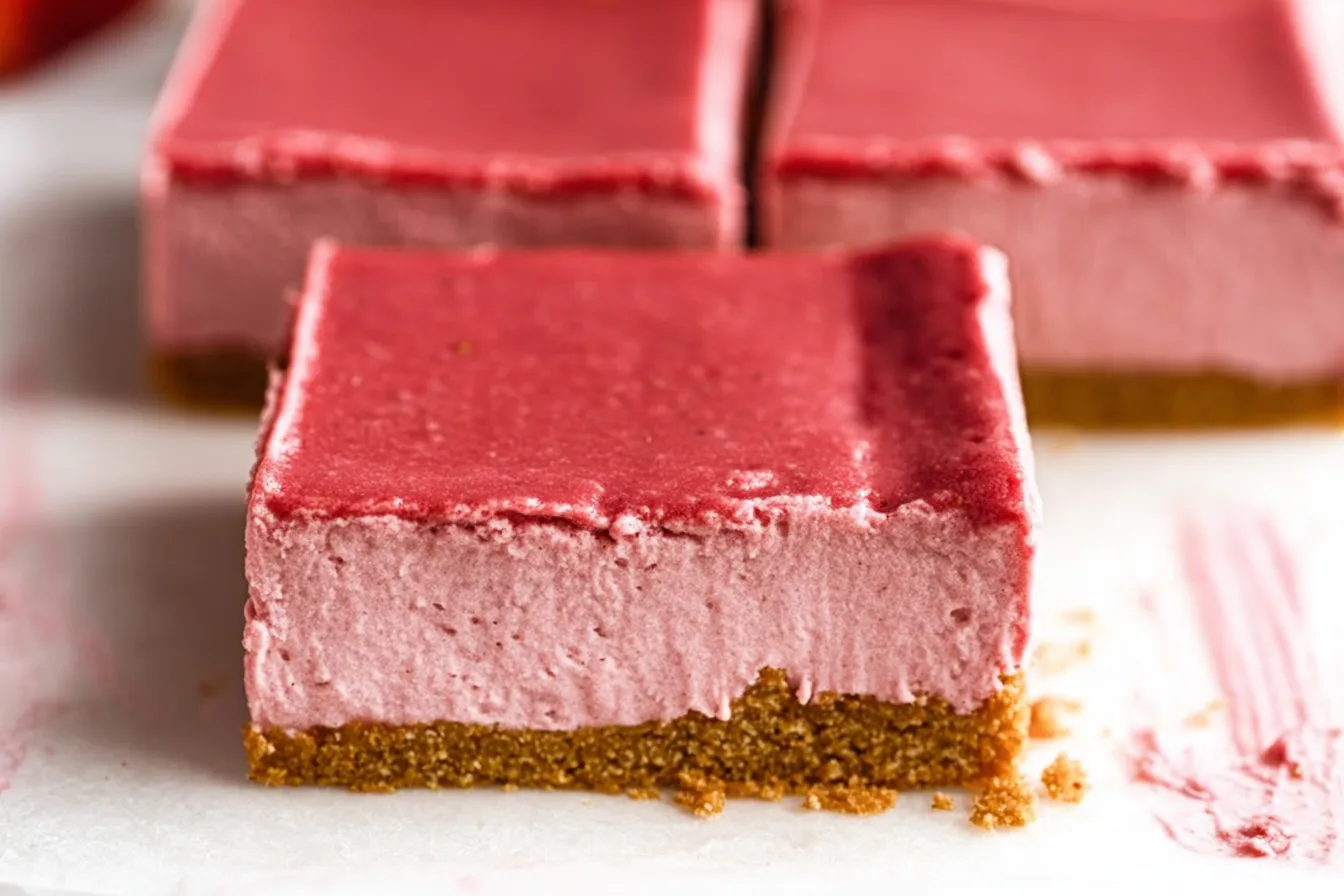 No-Bake Strawberry Cheesecake Bars Served on a Plate