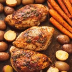 One-Pan Roast Chicken with Potatoes and Carrots Close-Up