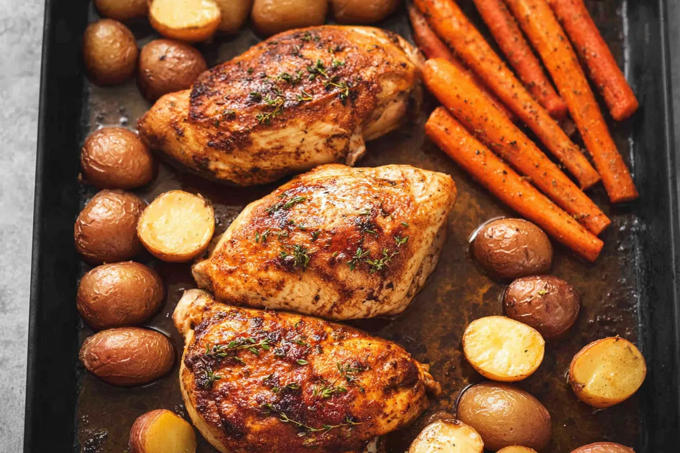 One-Pan Roast Chicken with Potatoes and Carrots Close-Up