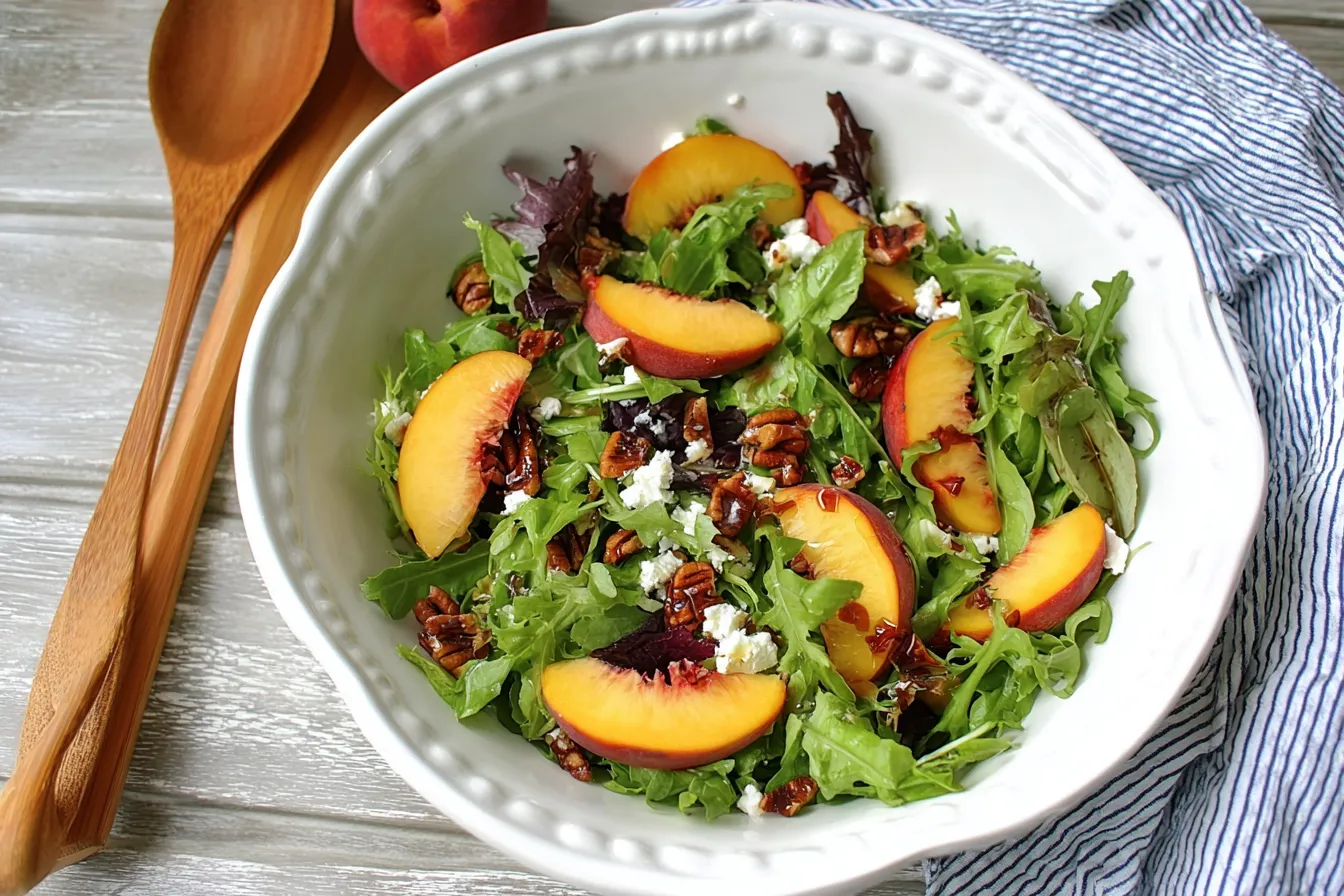 Colorful Peach and Pecan Summer Salad in a Bowl