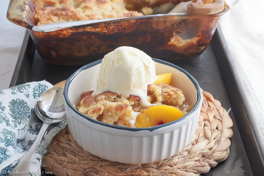 Delicious Peach Cobbler with Vanilla Ice Cream