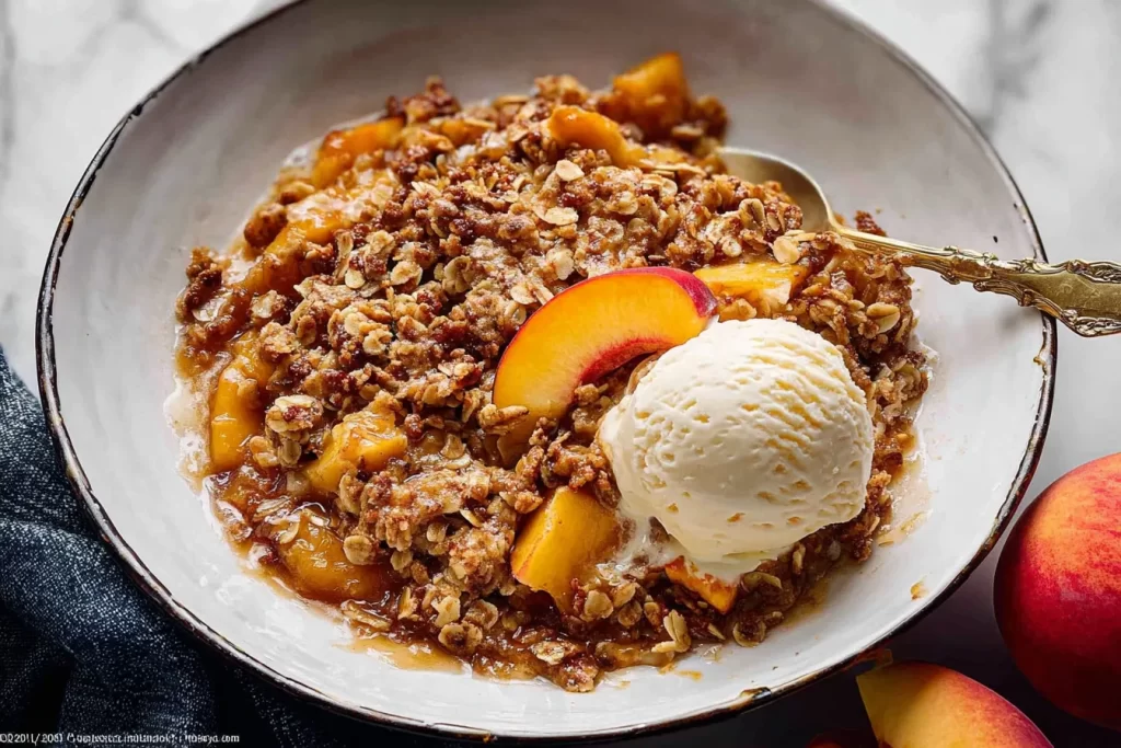 Delicious Peach Crisp with Creamy Vanilla Ice Cream