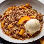Delicious Peach Crisp with Creamy Vanilla Ice Cream