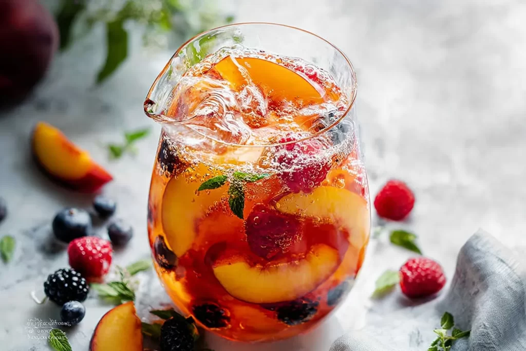 Sparkling Peach Sangria in a Beautiful Glass Pitcher