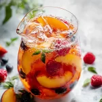 Sparkling Peach Sangria in a Beautiful Glass Pitcher
