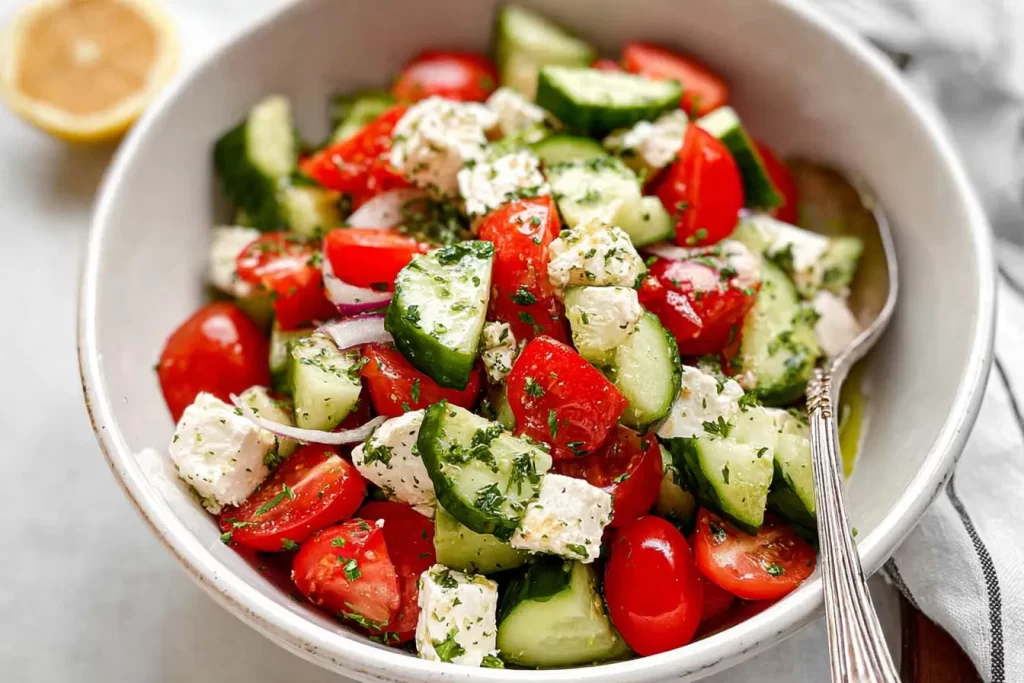Tomato Cucumber Feta Salad in a Bowl