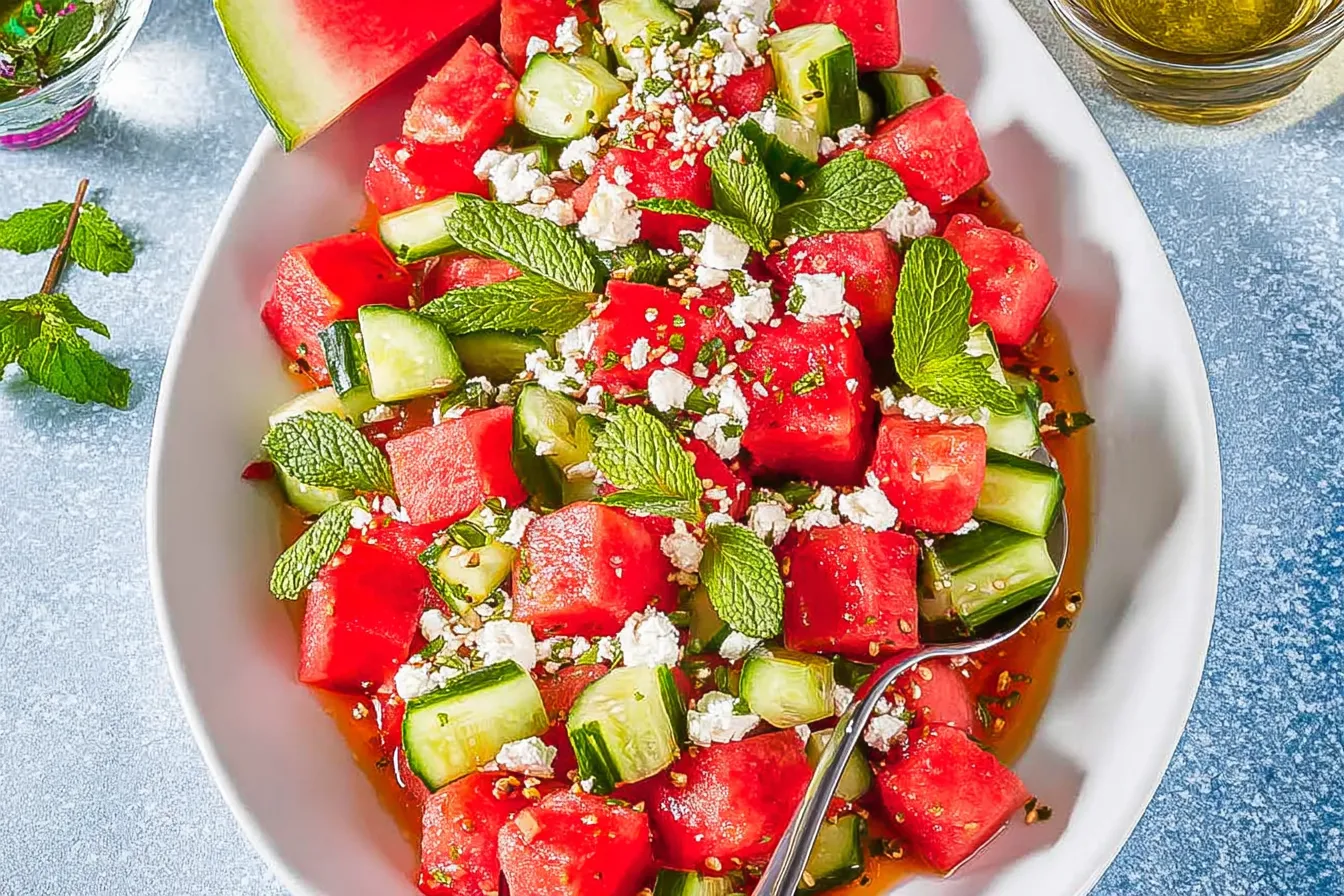 Watermelon Feta Salad with Cucumber and Mint