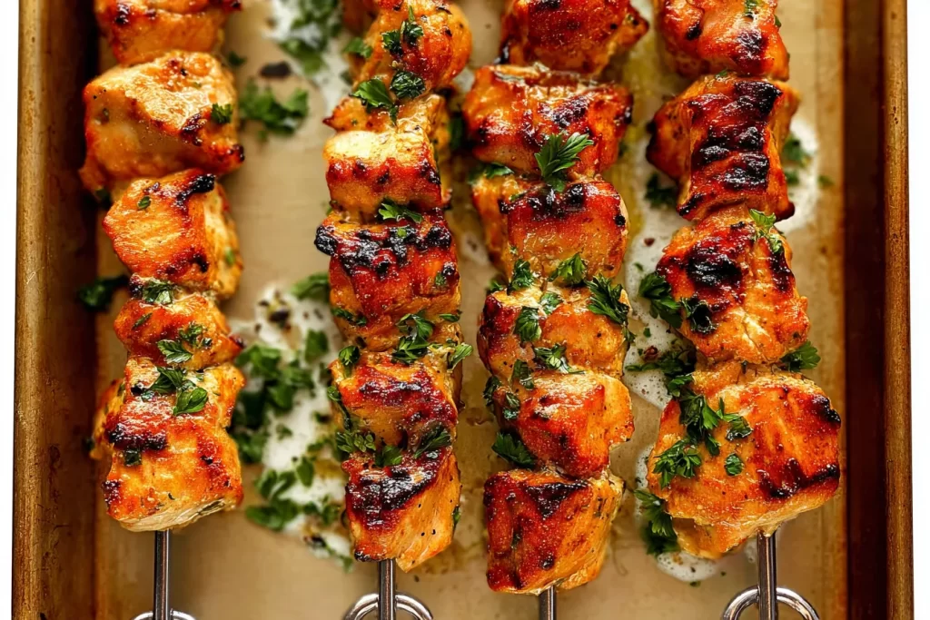 Yogurt Marinated Grilled Chicken Skewers Ready to Serve