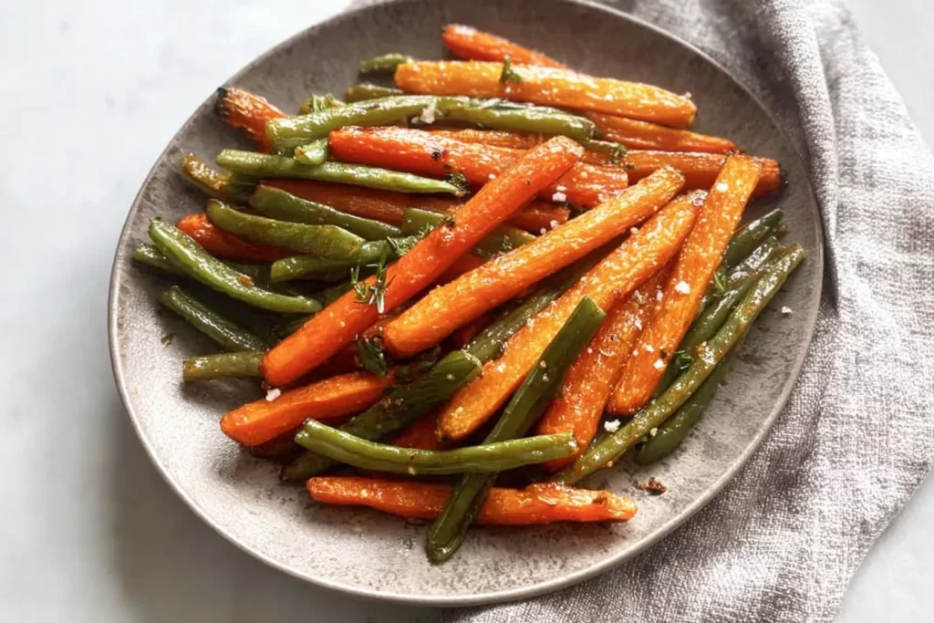 Crispy Roasted Carrots and Green Beans on a Serving Plate