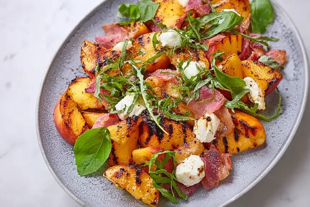Grilled Peach Salad with Fresh Greens and Nuts