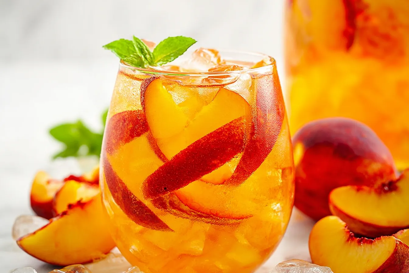 Peach Sangria in a Pitcher with Fresh Peaches
