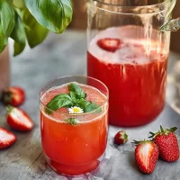 Strawberry Basil Lemonade in a Glass with Fresh Strawberries