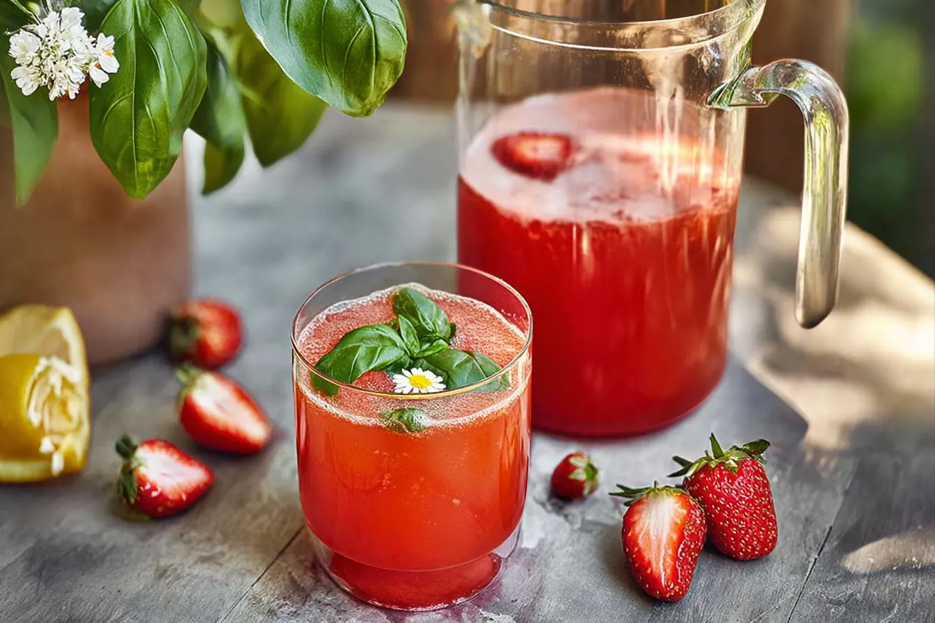 Strawberry Basil Lemonade in a Glass with Fresh Strawberries