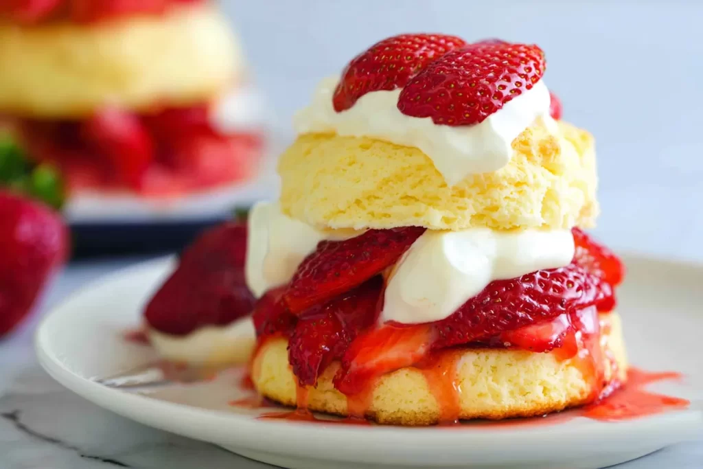 Fresh Strawberry Shortcake Slices on a Rustic Table