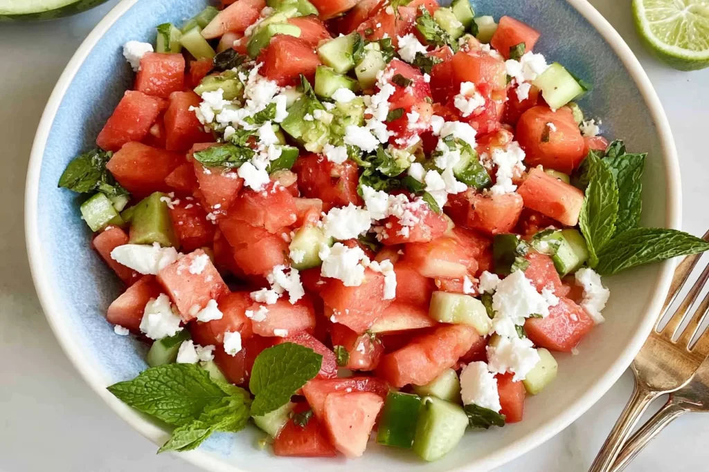 Colorful Watermelon Feta Salad in a Bowl
