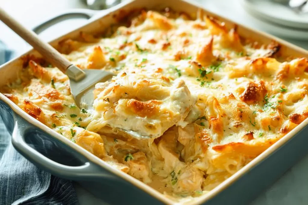 Baked Chicken Alfredo Casserole Served Warm