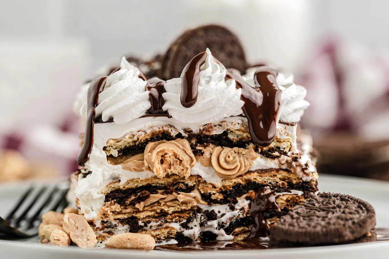 Chocolate Peanut Butter Icebox Cake Ready to Serve