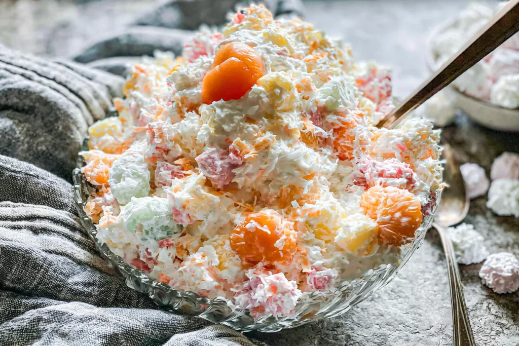 Classic Ambrosia Salad in a Colorful Bowl