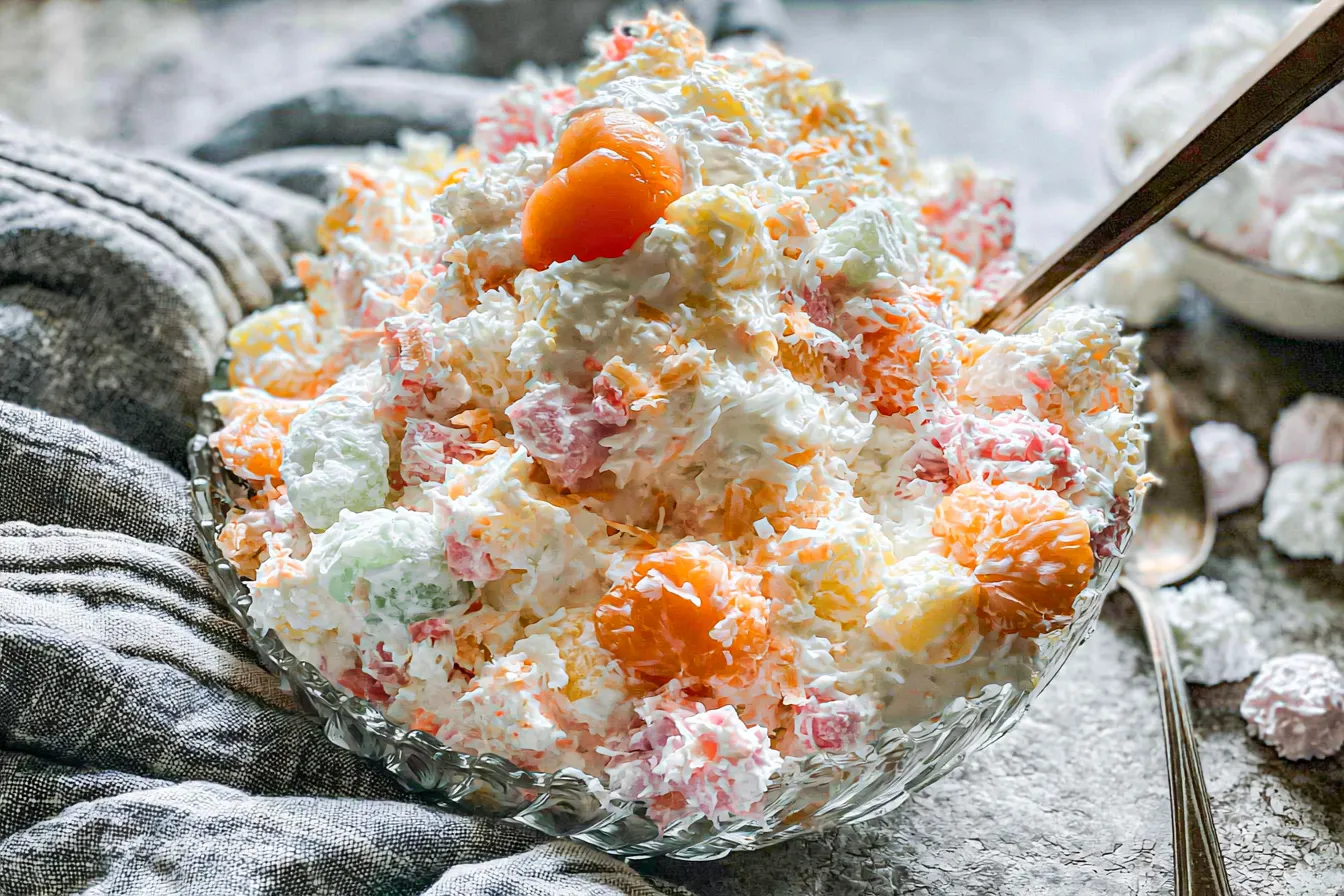 Classic Ambrosia Salad in a Colorful Bowl