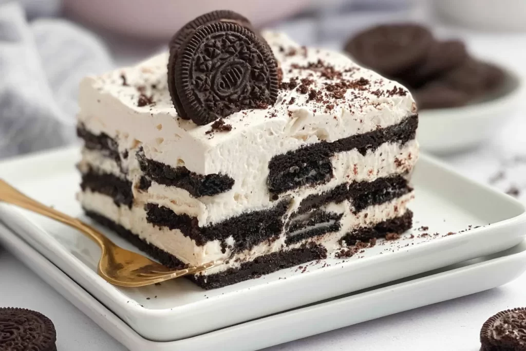 Oreo Icebox Cake Slices on a Plate