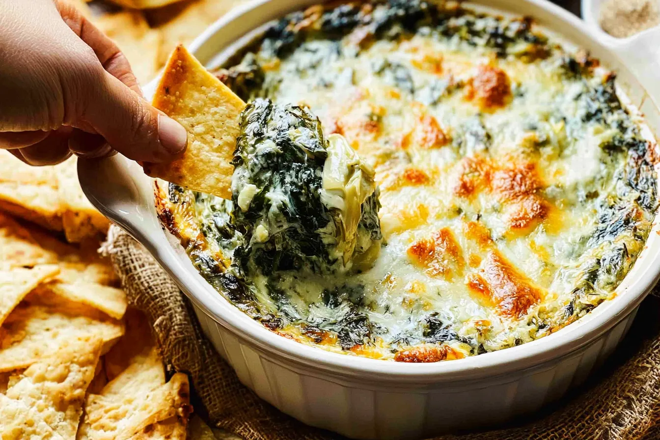 Spinach Artichoke Dip in a Bowl with Fresh Bread