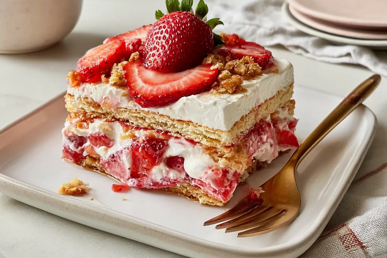 Strawberry Icebox Cake Slice on a Plate