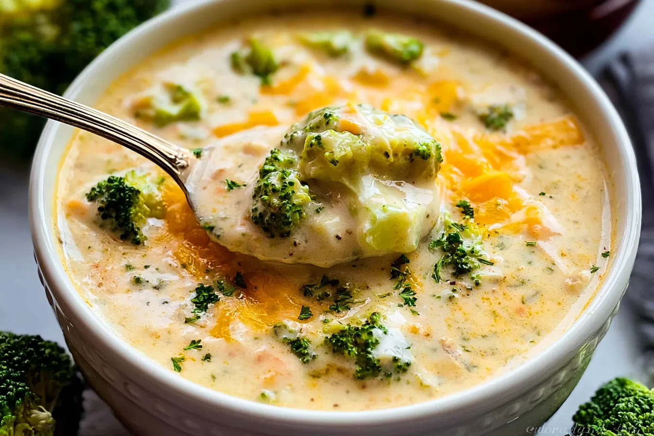 Creamy Broccoli Cheddar Soup in a Rustic Bowl
