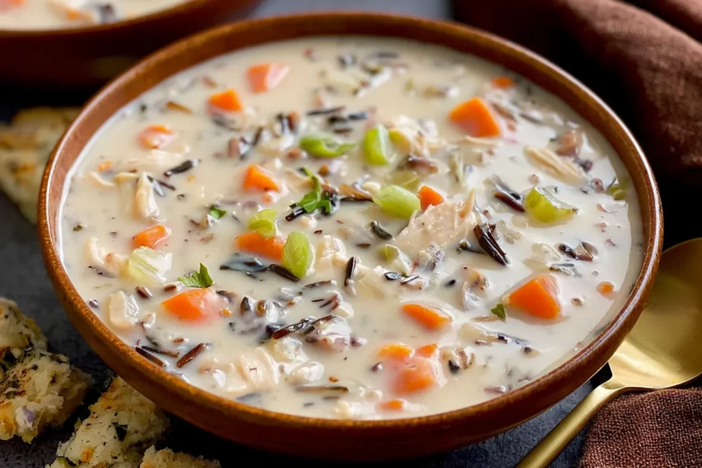 Creamy Chicken and Wild Rice Soup in a Bowl