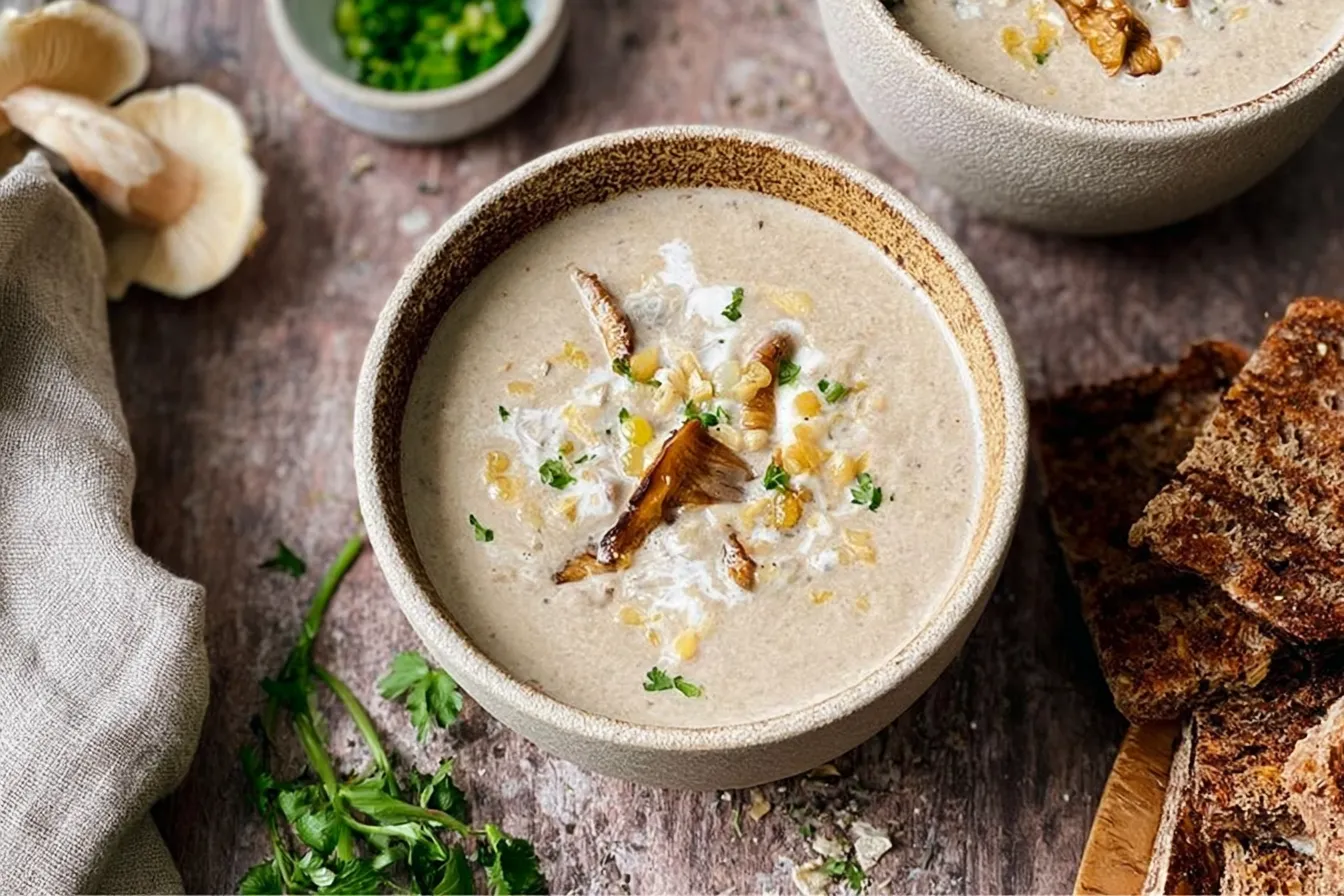 Creamy Wild Mushroom Soup in a Rustic Bowl