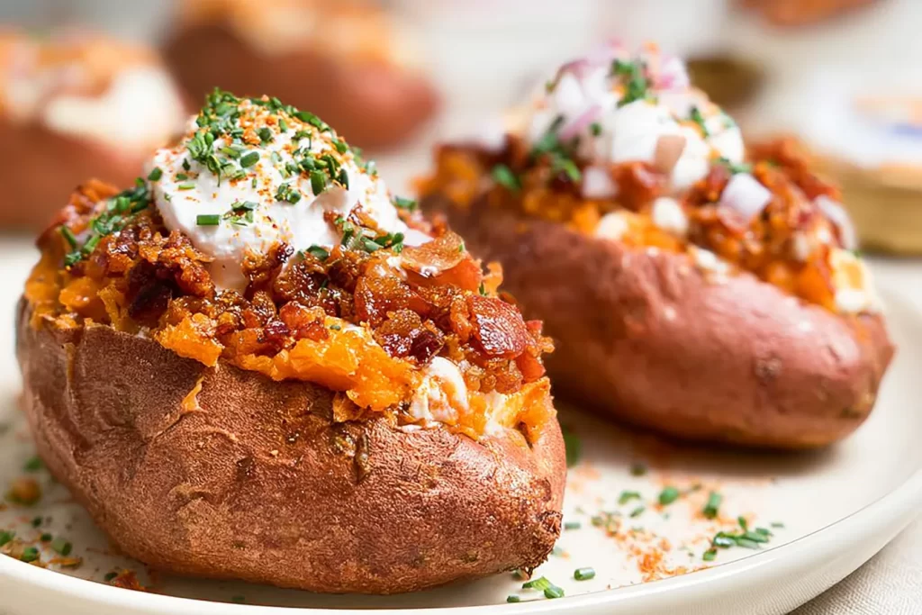 Loaded Baked Sweet Potatoes with Toppings